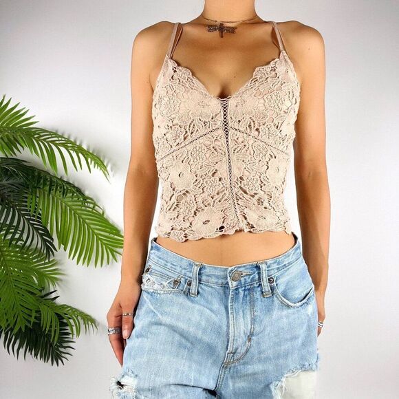 Vintage Beige Floral Crochet Cottagecore Boho Cropped Coquette Lace Tank Top / S - Picture 4 of 6